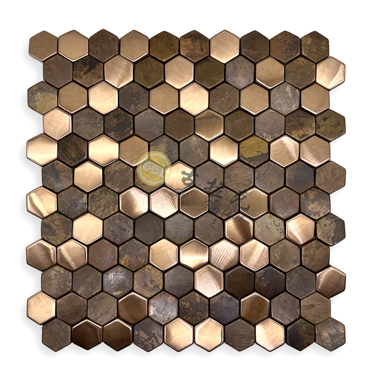 Sechseckige Edelstahl Goldene Metall Mosaikfliese Innenwand Dekor