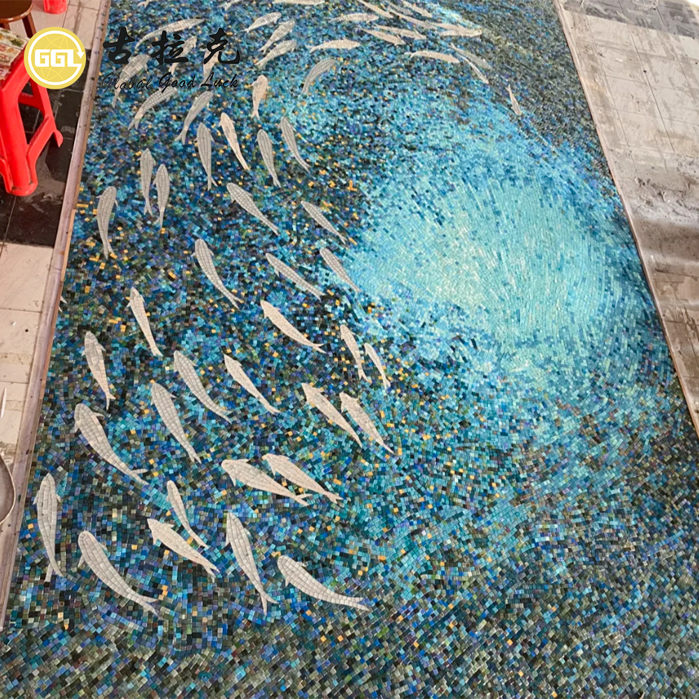 Custom Fish Glass Mosaic Mural for Luxury Interior Feature Walls