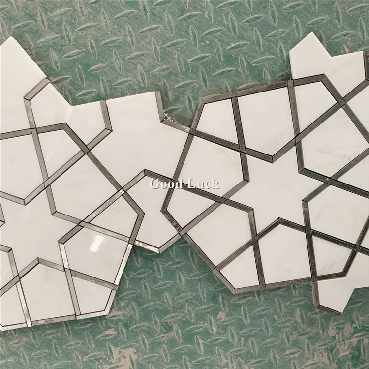 Azulejo de mosaico hexagonal con incrustaciones de acero inoxidable, azulejo de mármol cortado por chorro de agua para decoración del hogar