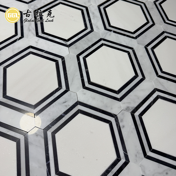 Sechseckiger schwarzer weißer Marmor-Stein-Mosaikflor für Wohnraumfliesen-Design