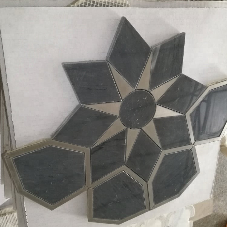 กระเบื้องโมเสคสไตล์ซันแบบลายมาร์เบิลสีดำผสมกระจกเงาลวดลาย Waterjet