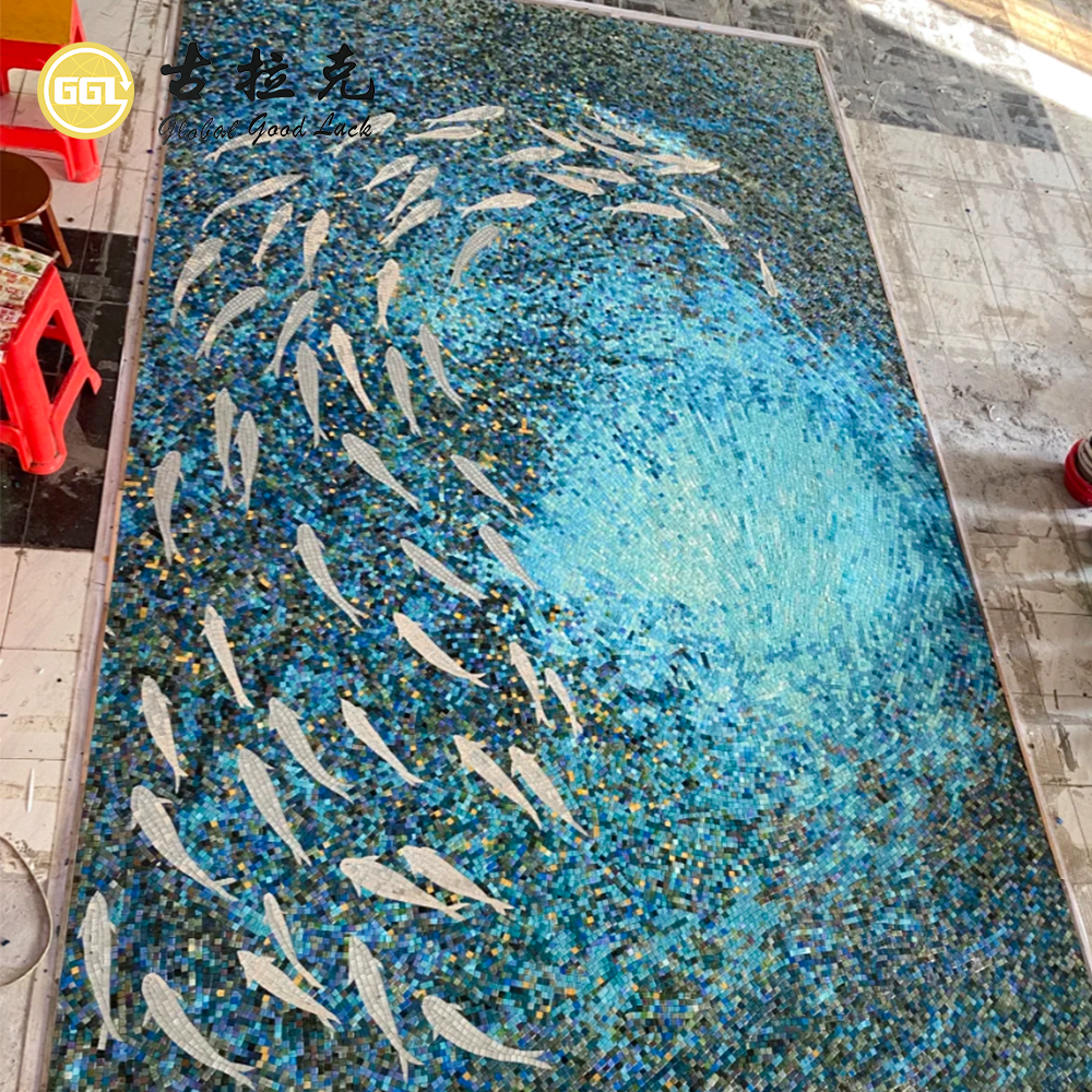Custom Fish Glass Mosaic Mural for Luxury Interior Feature Walls