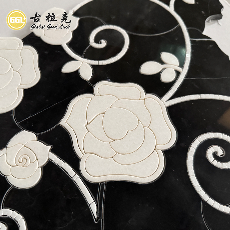 Mosaico de Lujo Negro con Blanco Mármol Diseño Floral por Chorro de Agua para Decoración Interior