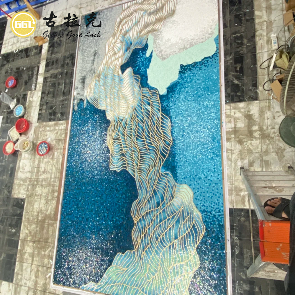 Blue Gold Abstract Mosaic Mural – Luxury Handmade Mosaic Wall Art for Modern Interior Spaces