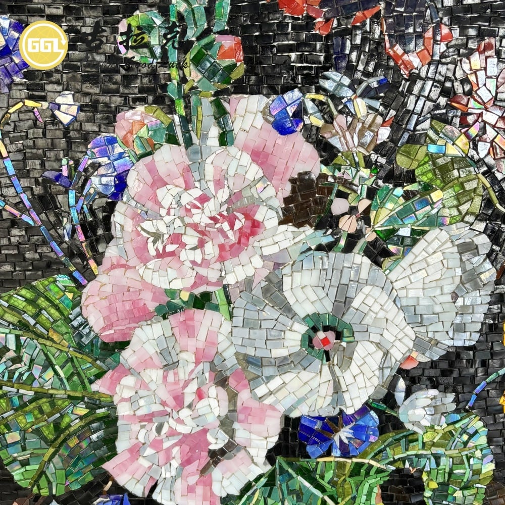 Handmade Natural Glass Mosaic Floral Artwork – Luxury Flower Stone Wall Art