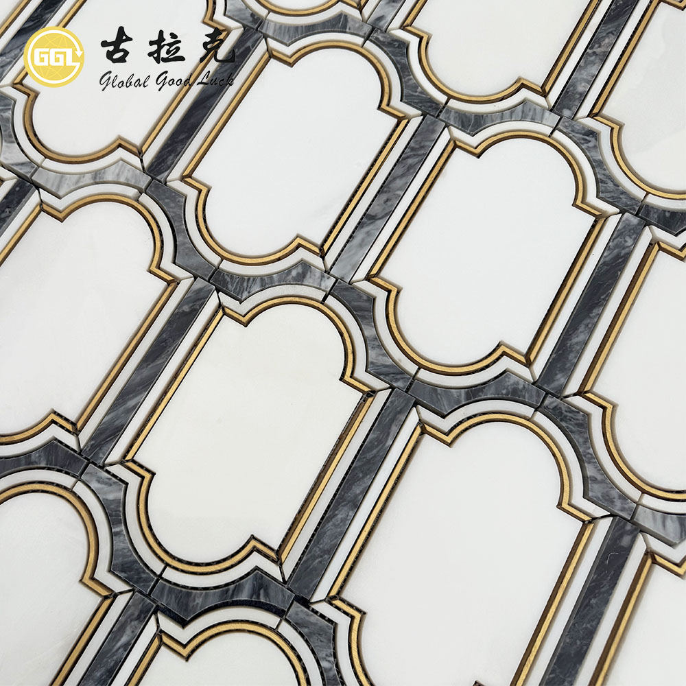 Bespoke Florence Grey Marble Mosaic with Brass Inlay | Architectural Waterjet Stone Design
