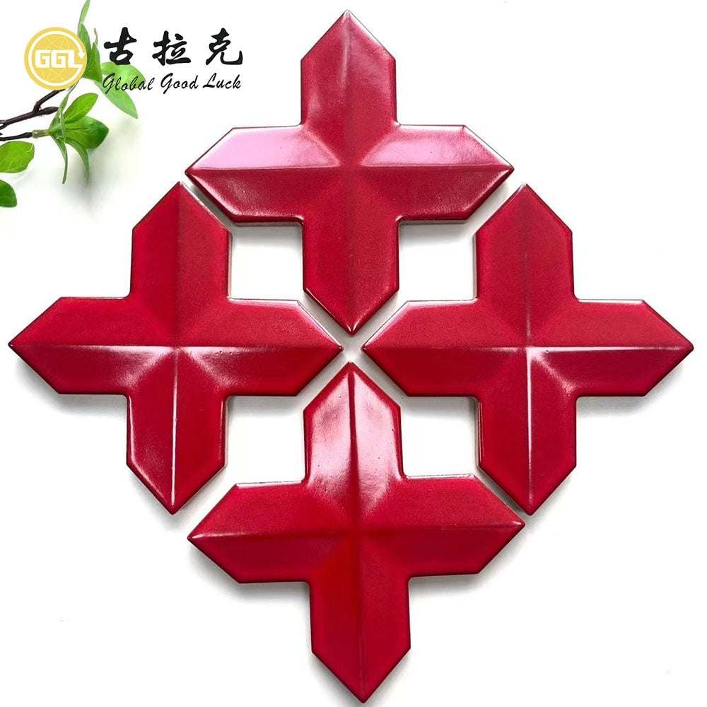 Red 3D Star Pattern Ceramic Mosaic Tile with Gold Accents for Decorative Walls