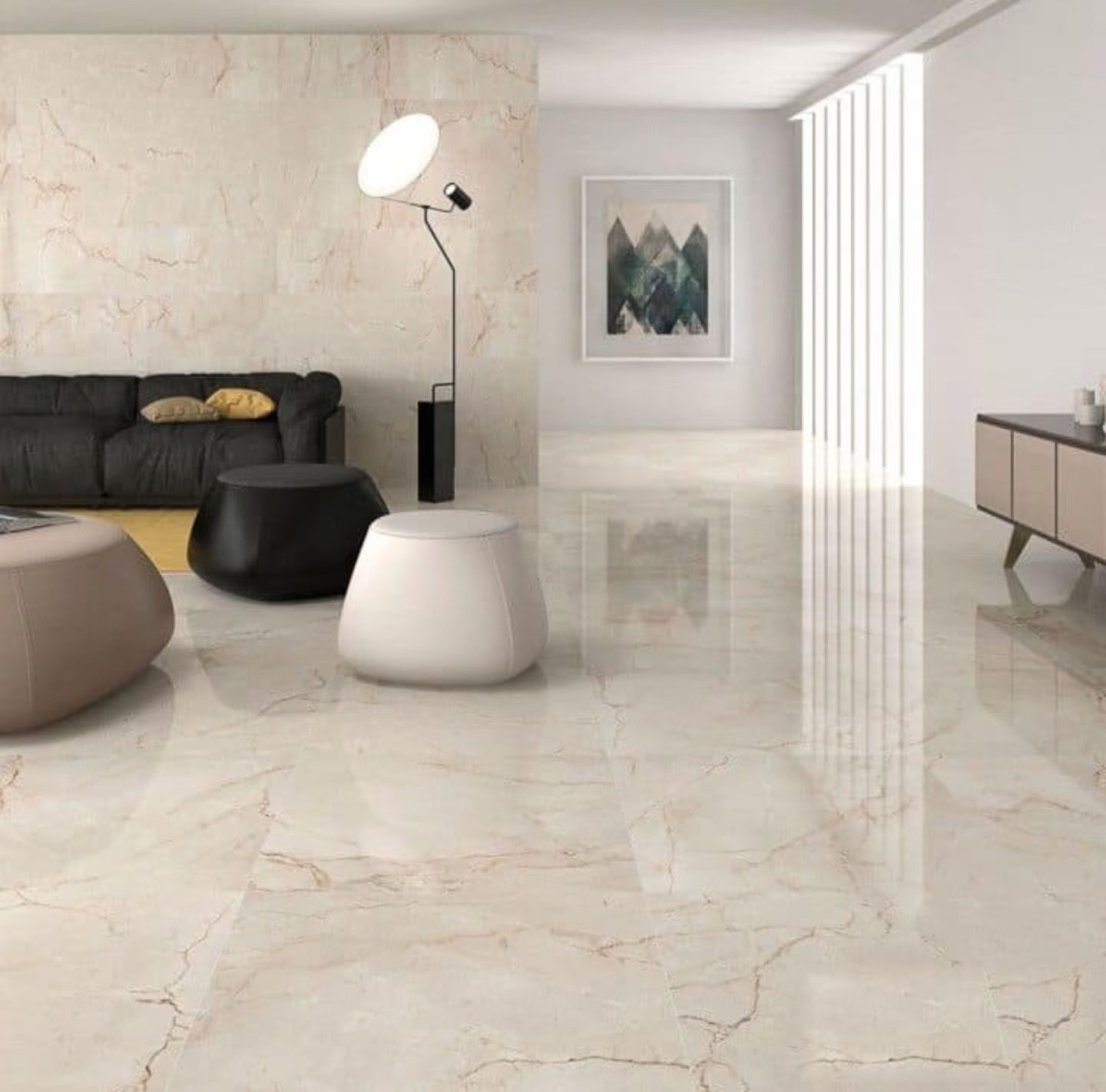 Botticino marble flooring and wall panels in a modern luxury interior