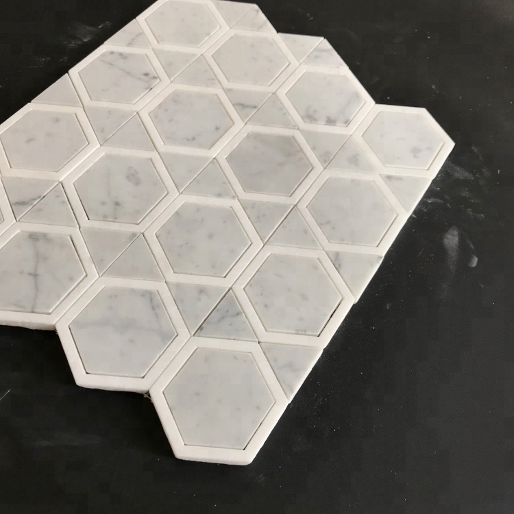 Hexagon Shape Mix Triangelmarmur Carrara Vit Parkett Egenskap Mosaiktavla