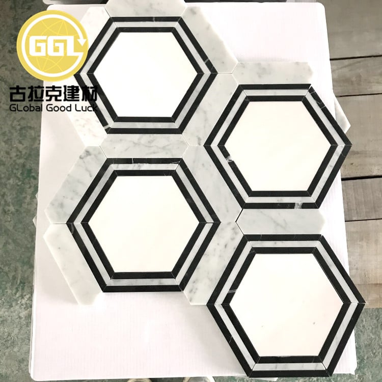 Poliertes Carrara-Weiß-Marmor-Mix-Nero-Schwarz-Marmor-Hexagon-Form-Mosaik-Kachel Für Heim/Villa-Wand/Boden-Design