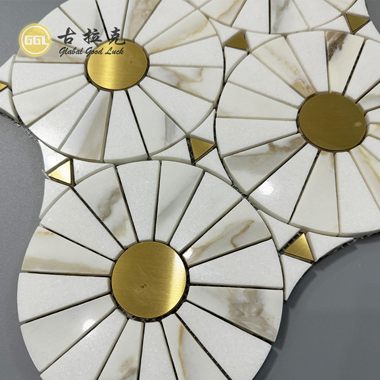 Calacatta Gold Marble Mix Brass Round Pattern Waterjet Mosaic Tile