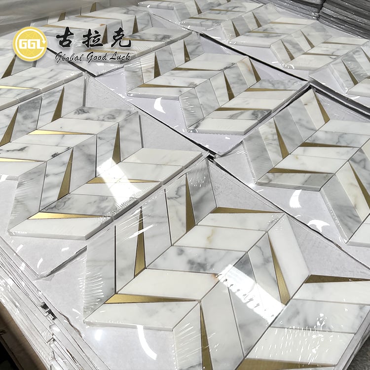 Calacatta Gold Marble Mixed Brass Chevron Mosaic Mosaic Tile