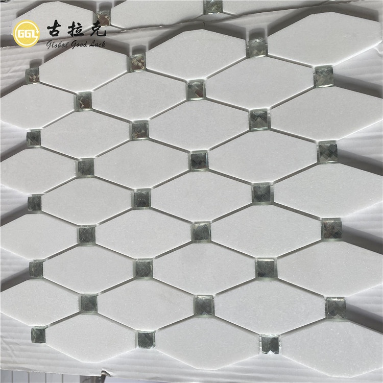 کاشی موزاییک سنگ مرمر سفید تاسوس مخلوط شیشه شکل هشت ضلعی برای دیوار و کف