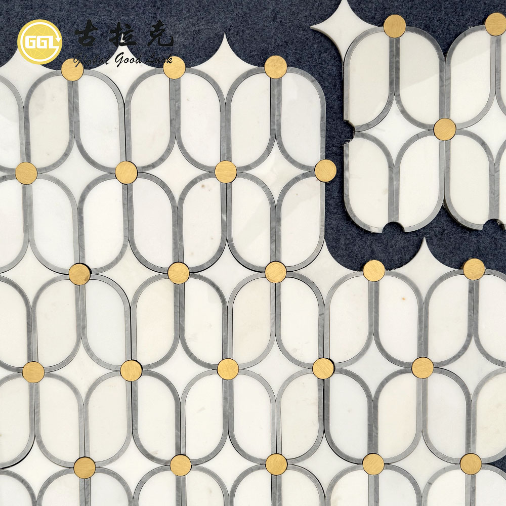 Luxury Waterjet Marble Mosaic Tile with Brass Inlay | Sichuan White & Italian Grey Marble