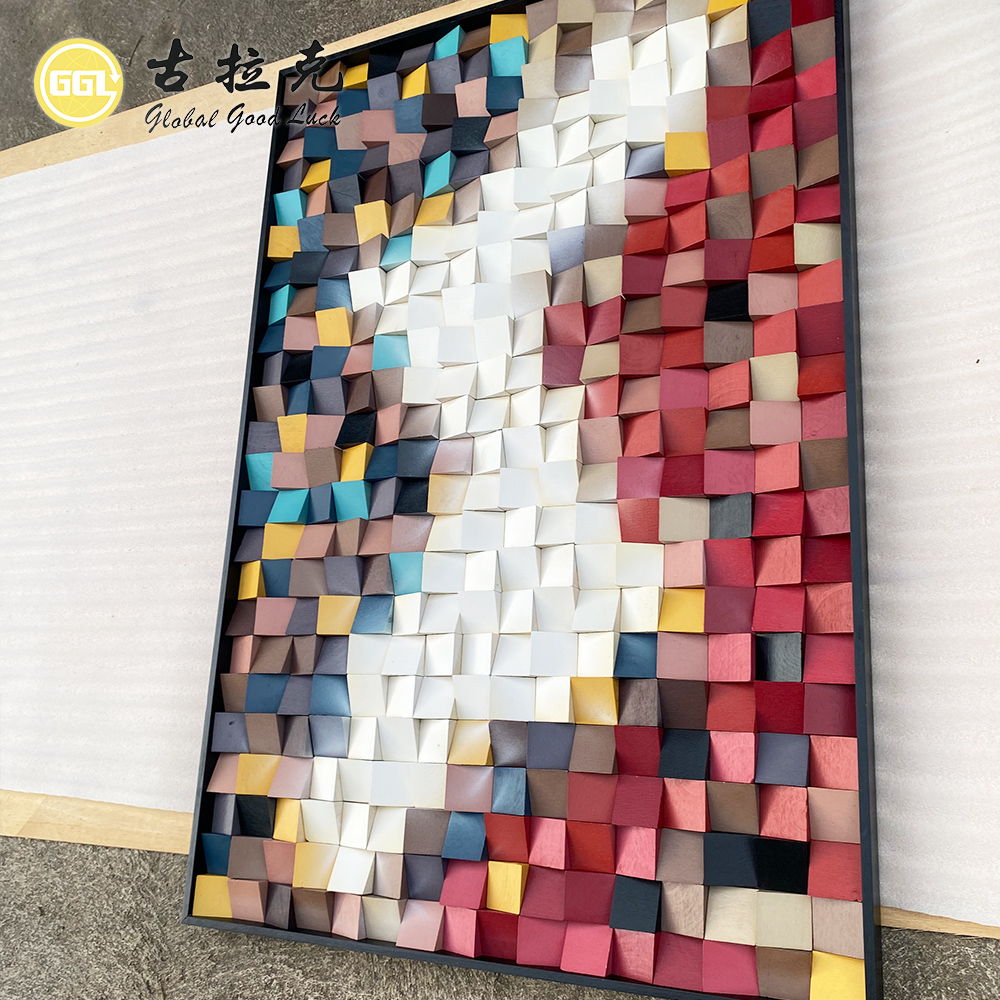 Handmade 3D Abstract Color Block Wood Mosaic Mural