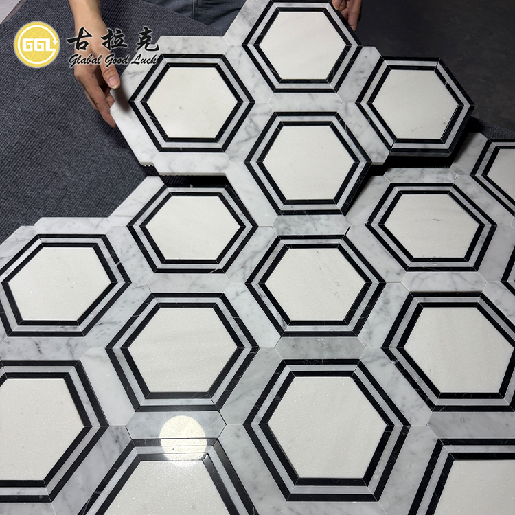 Sechseckiger schwarzer weißer Marmor-Stein-Mosaikflor für Wohnraumfliesen-Design