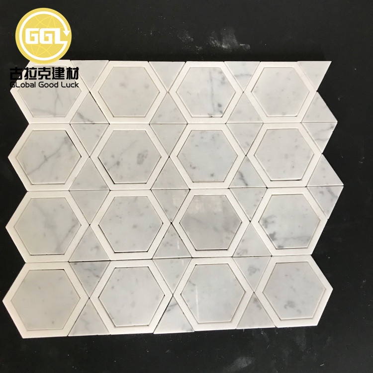 Sechseckform Mischdreieck Marmor Carrara Weiße Parkettmerkmale Marmor Mosaikfliese