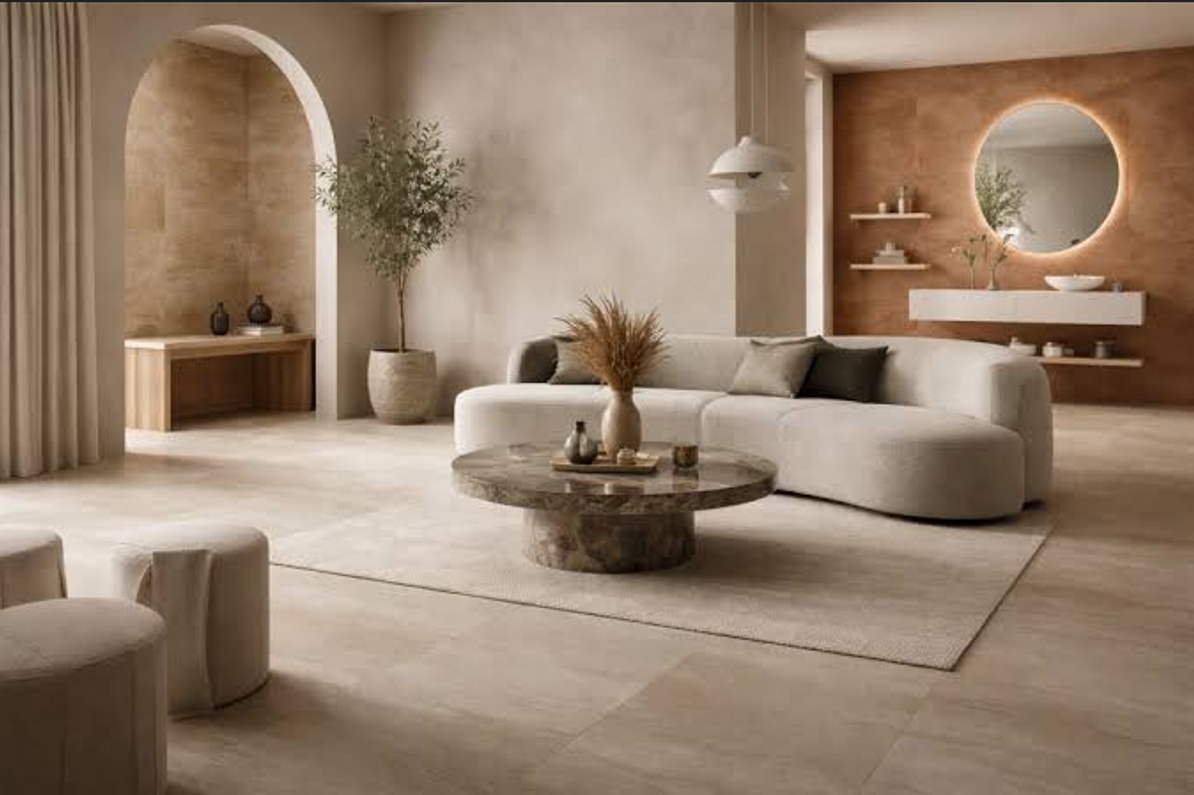 Warm contemporary interior with layered neutral finishes and architectural natural stone inspiration