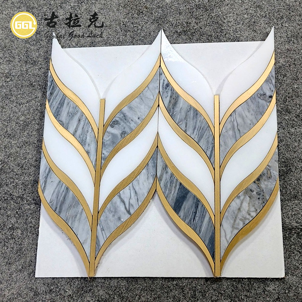 Natural Marble Waterjet Mosaic Tile with Brass Inlay | Florence Grey & White Marble Design