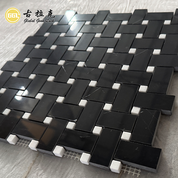 Nero Marquina Marmore & Wit Dots Mozaïekteël vir Huis Muur Vloer Versiering