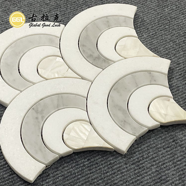 Marmor-Inlay mit Muschel-Fächerform-Wasserstrahl-Mosaik für Boden- und Wandfliesen