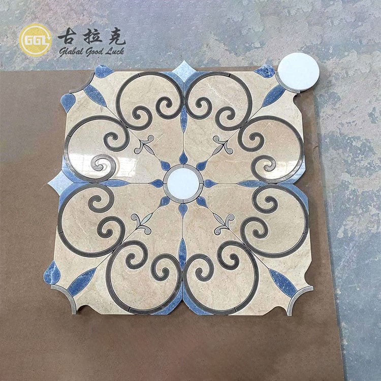 Flower Design Marble Mosaic Tile Blaue Beige Steinfliesen für die Villen-Innenausstattung