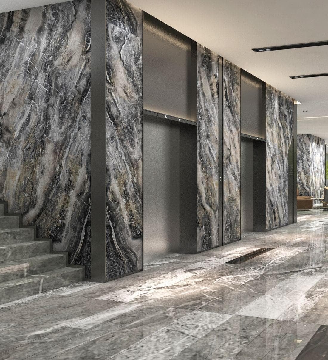 Arabescato Orobico Grigio marble used for wall cladding and commercial interior applications.
