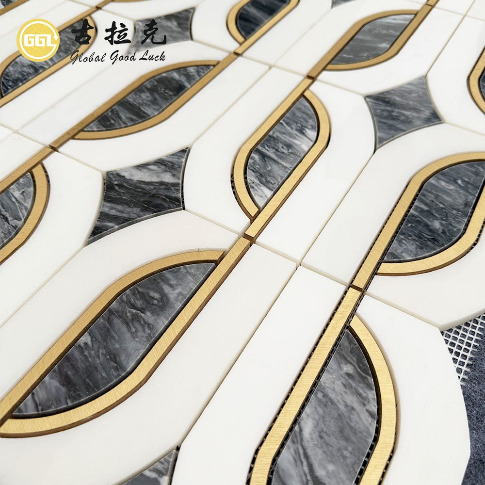 Natural Marble Waterjet Mosaic Tile with Brass Inlay | Florence Grey & White Marble Design