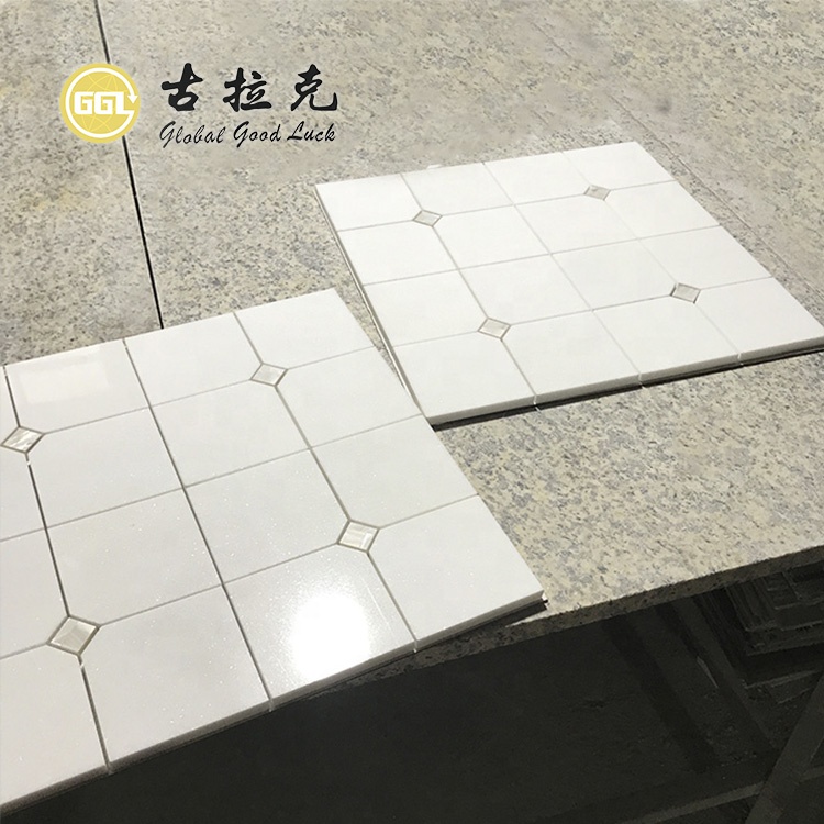 Square Thassos White Tile Shell Inlay Waterjet Mosaic Wall Tile für Badezimmerwände