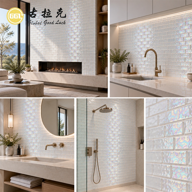 Ubin Mosaik Kaca Iridesen Hijau & Putih | Ubin Mosaik Kaca Dekoratif untuk Kolam Renang dan Desain Interior