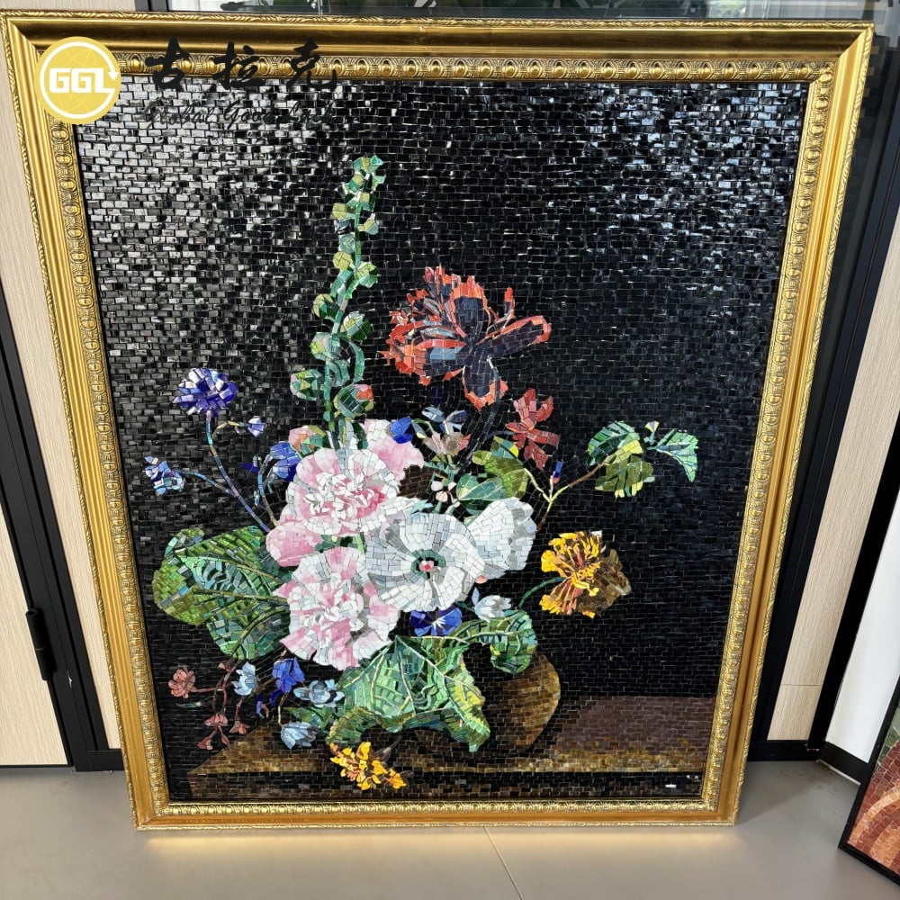 Handmade Natural Glass Mosaic Floral Artwork – Luxury Flower Stone Wall Art