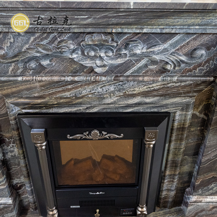 Estilo francés: decoración interior para el hogar, marco de piedra negro de lujo y autónomo para chimenea