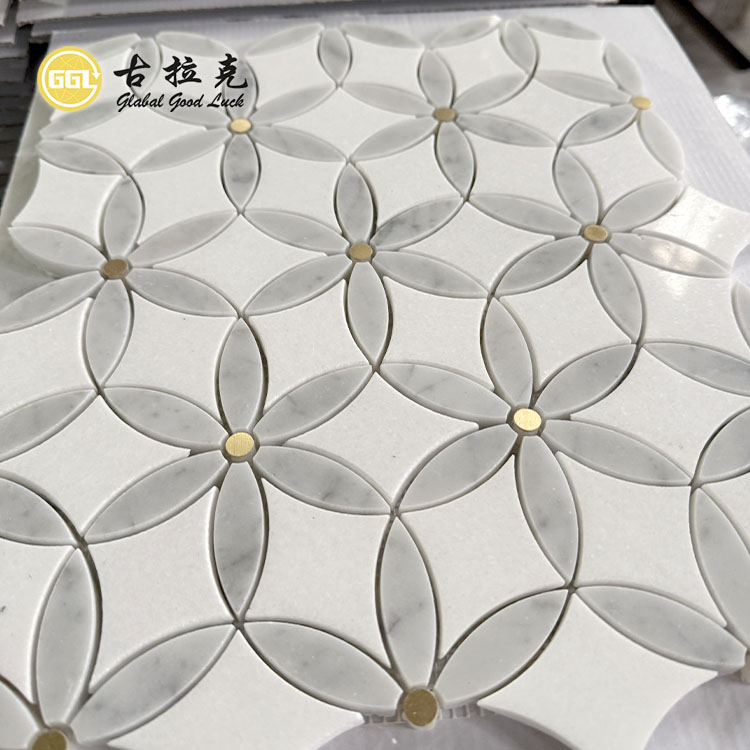 Inlay Marmair Le Mósáic Waterjet Dot Práis le haghaidh Tíleanna Backsplash Balla Cistine