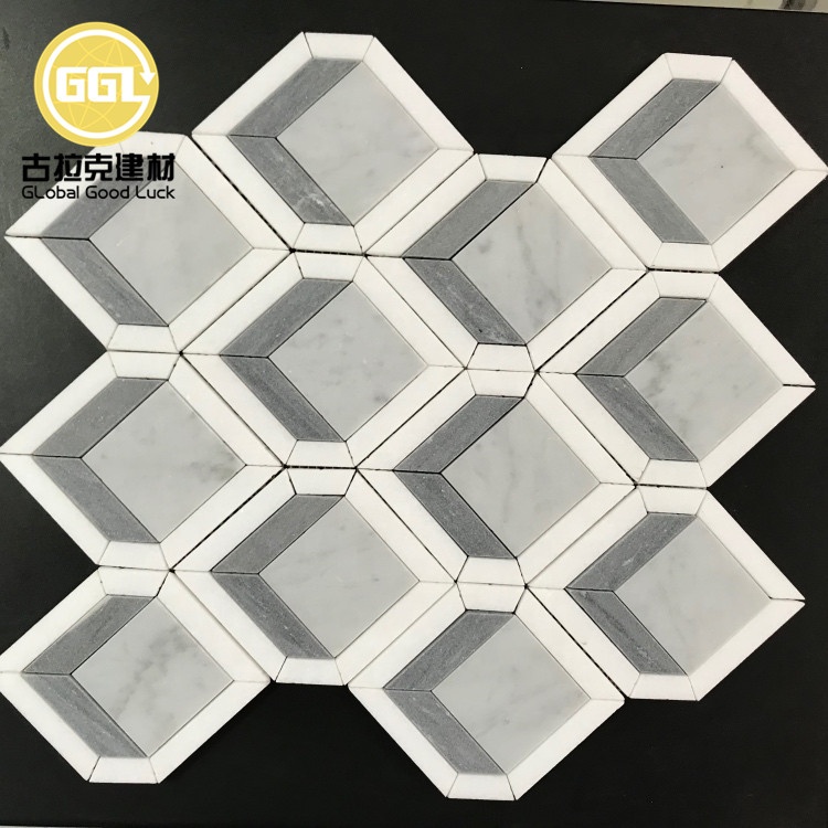 4 Zoll Thassos Weiße Mischkombinierte Hell- und Dunkelblaue Fliese Edles Diamantdesign Marmor Mosaikfliese für Kamin Dekoration