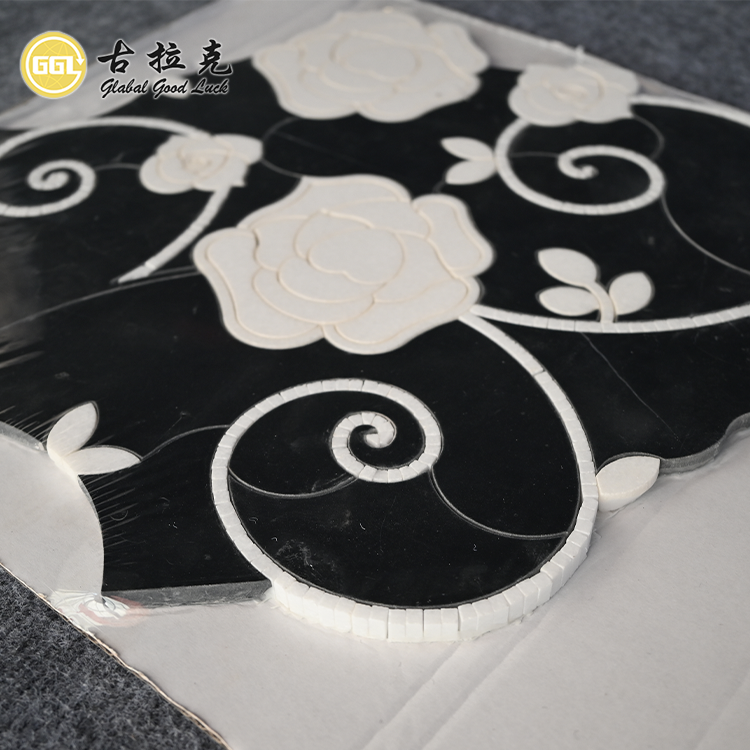 Mosaico de Lujo Negro con Blanco Mármol Diseño Floral por Chorro de Agua para Decoración Interior
