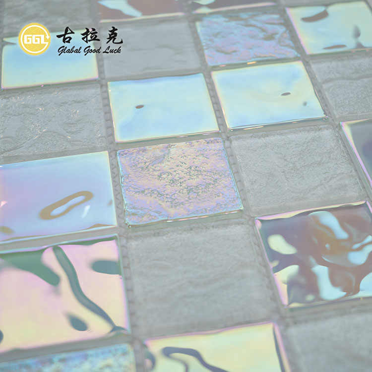 Backplash Wall Decor White Mix Green Rainbow Crystal Glass Mosaic Tile for Swimming Pool
