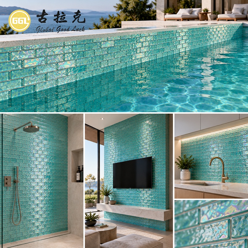 Ubin Mosaik Kaca Iridesen Hijau & Putih | Ubin Mosaik Kaca Dekoratif untuk Kolam Renang dan Desain Interior