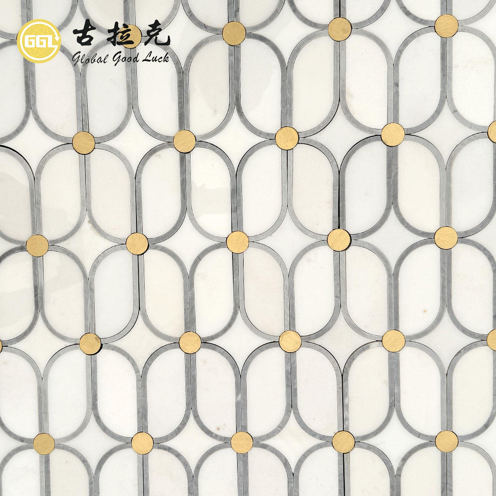 Luxury Waterjet Marble Mosaic Tile with Brass Inlay | Sichuan White & Italian Grey Marble