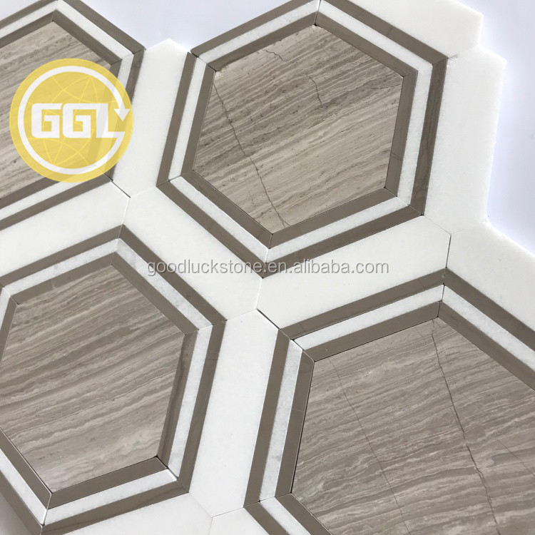 Atypical Marble Mosaic Tile Thassos White With Coffee Color Marble Wood Grain Mosaic Tile for Home/Kitchen Wall/Floor Decor