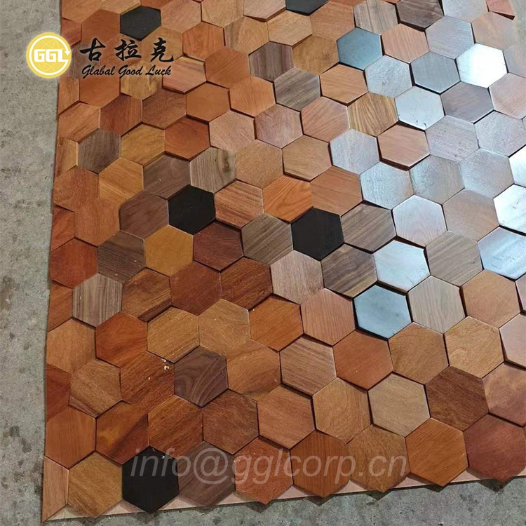 3D Hexagon Wood Mosaic Tiles – Natural Wooden Wall Panels for Interior Decoration