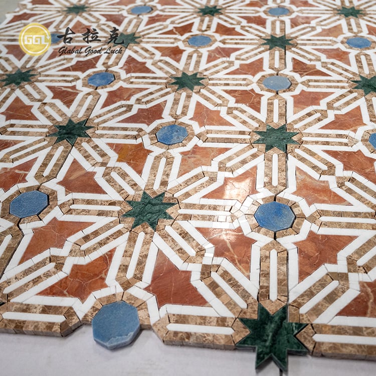 Schnittstern Rot und Blau Grün Steinmosaikfliese Wandboden Wasserstrahlschneidtechnik Fliese