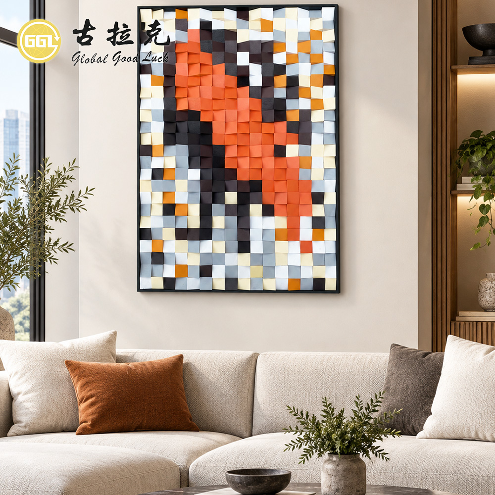 Handmade 3D Abstract Wood Mosaic Mural with Orange & Black Tones