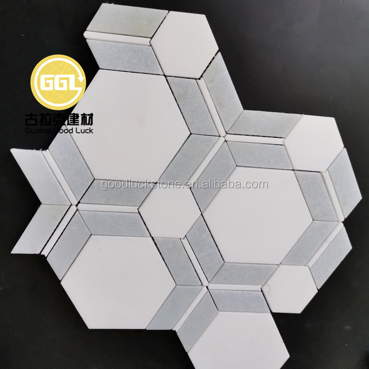 Xiamen Fabrik Lieferung Weiß-Grau Marmor Kombination von Sechseck- und Quadrat-Mosaikfliesen für Badezimmerwände/-Boden Dekoration