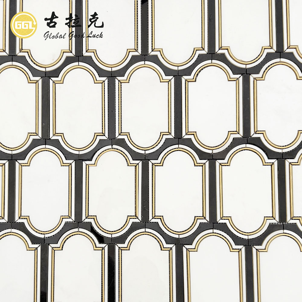 Classic Black & White Marble Waterjet Mosaic with Brass Inlay | Custom Stone Wall Tile