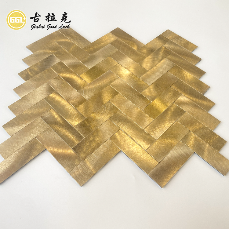 Golden Herringbone Metall Wand-Mosaikfliese Selbstklebende Fliese Dusche Badezimmer Mosaik