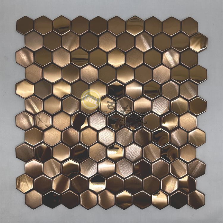 Sechseckige Edelstahl Goldene Metall Mosaikfliese Innenwand Dekor