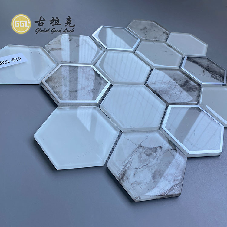 White Glass Mosaic With Stone Pattern Crystal Glass Mosaic Tile Wall Decor