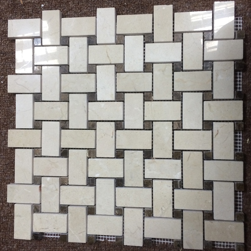 Crema Marfil Basketweave с мраморна мозайка с кафяви точки за кухненски плочки