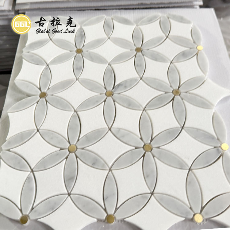 Inlay Marmair Le Mósáic Waterjet Dot Práis le haghaidh Tíleanna Backsplash Balla Cistine