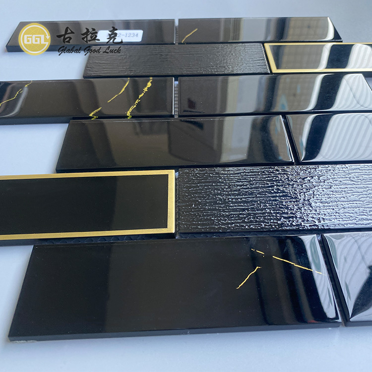 Puur zwarte glas mix zilver&gouden rand glasmozaïektegel voor wand